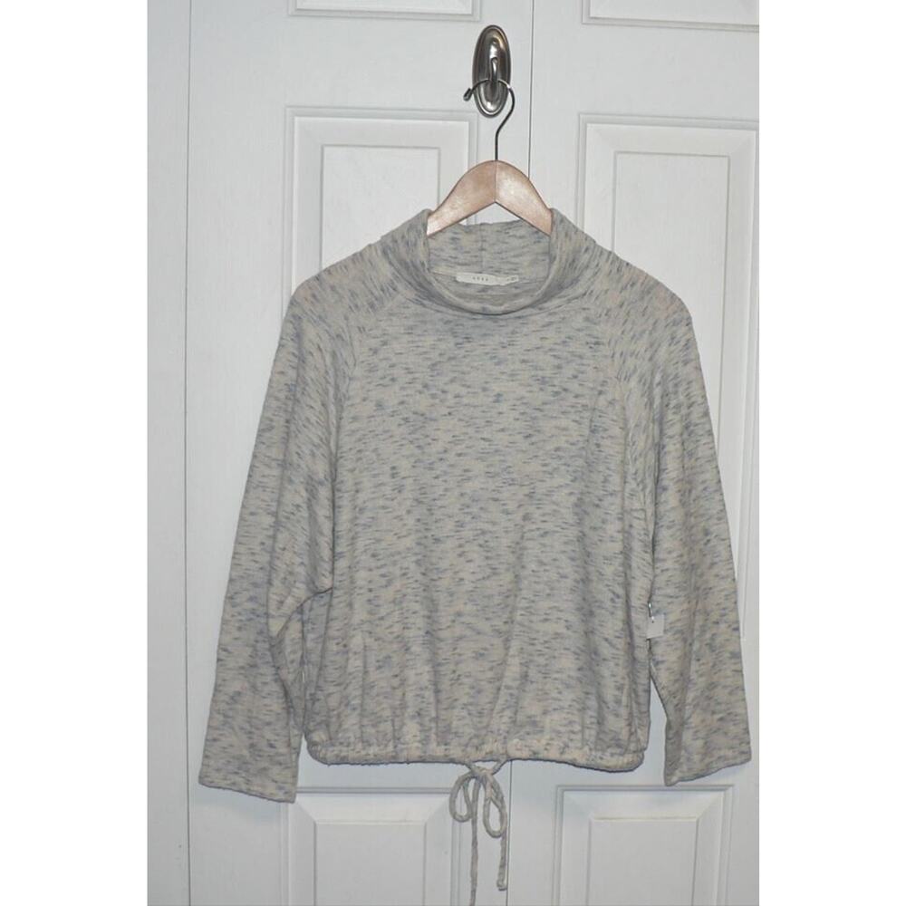 Lush Women's Cozy Long Sleeve‎ Drawstring Hem Turtleneck in Cream Blue Medium